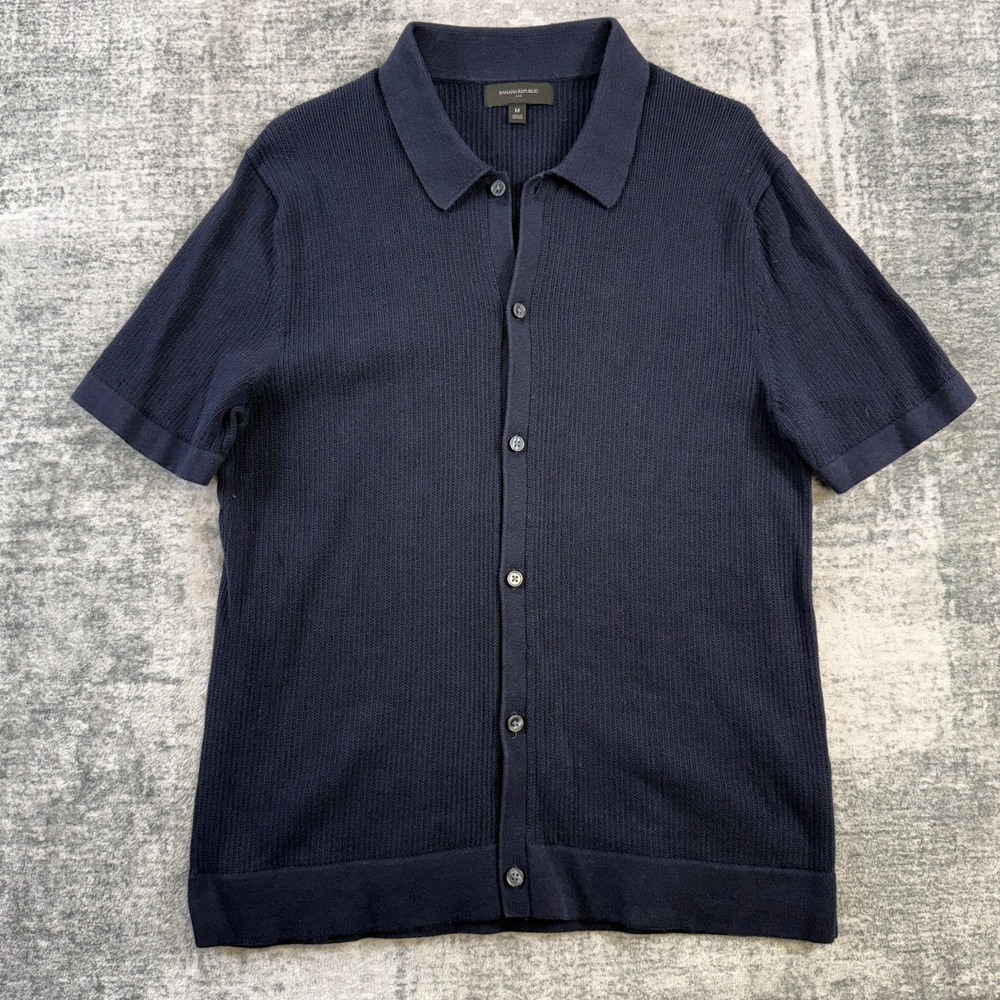 Banana Republic Shirt Mens Medium Knit Button Down Polo Navy Blue Quiet Luxury